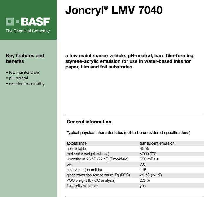 巴斯夫中性PH值乳液 Joncryl LMV7040