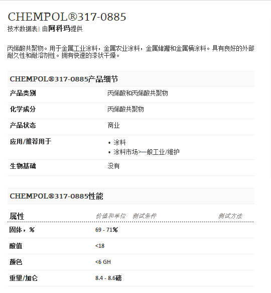 阿科玛丙烯酸聚合物  CHEMPOL®317-0885