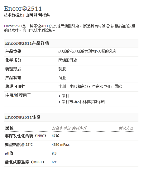 阿科玛丙烯酸聚合物     Encor®2511