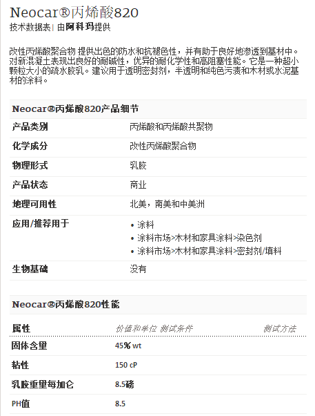 阿科玛丙烯酸聚合物 Neocar®丙烯酸820