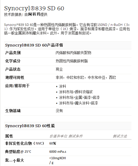 阿科玛丙烯酸聚合物 Synocryl®839 SD 60