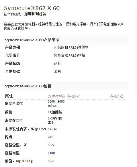 阿科玛丙烯酸聚合物 Synocure®862 X 60