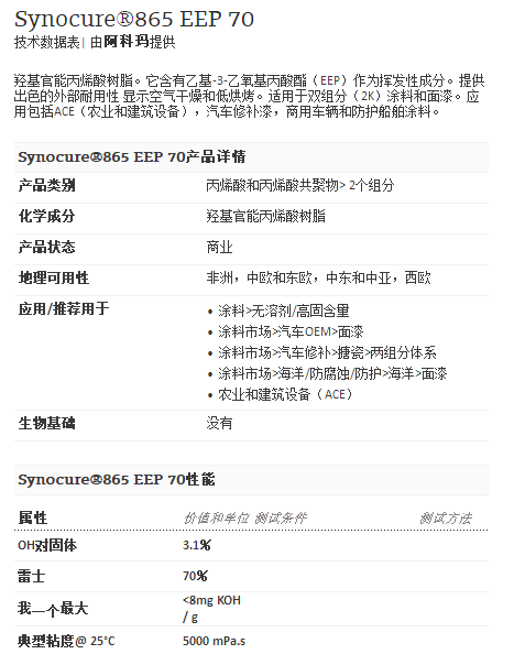 阿科玛丙烯酸聚合物 Synocure®865 EEP 70