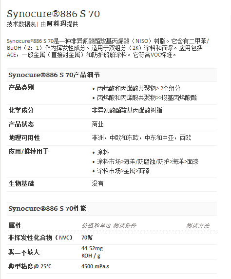 阿科玛丙烯酸聚合物 Synocure®886 S 70