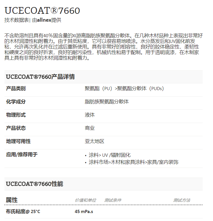 湛新水性UV树脂UCECOAT®7660