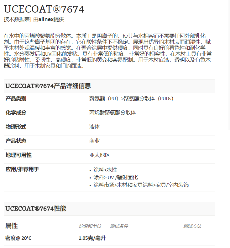 湛新水性UV树脂UCECOAT®7674