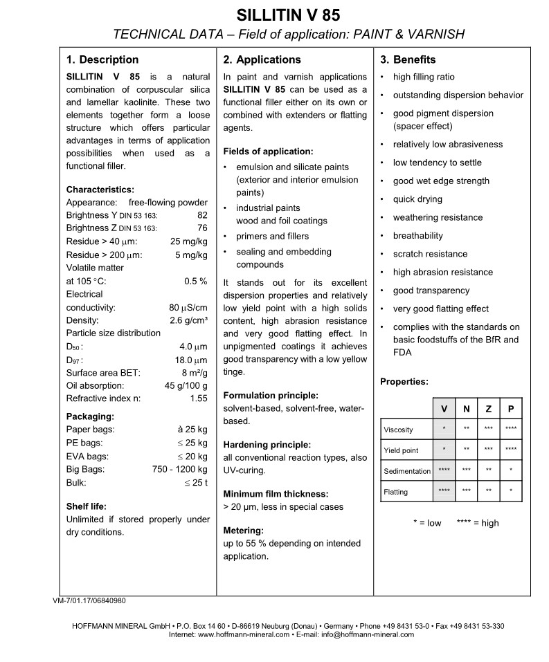 德国霍夫曼硅土Sillitin V 85 供应德国HOFFMANN 矽丽粉 SILLITIN N-82 N-85 V-88 PF-216