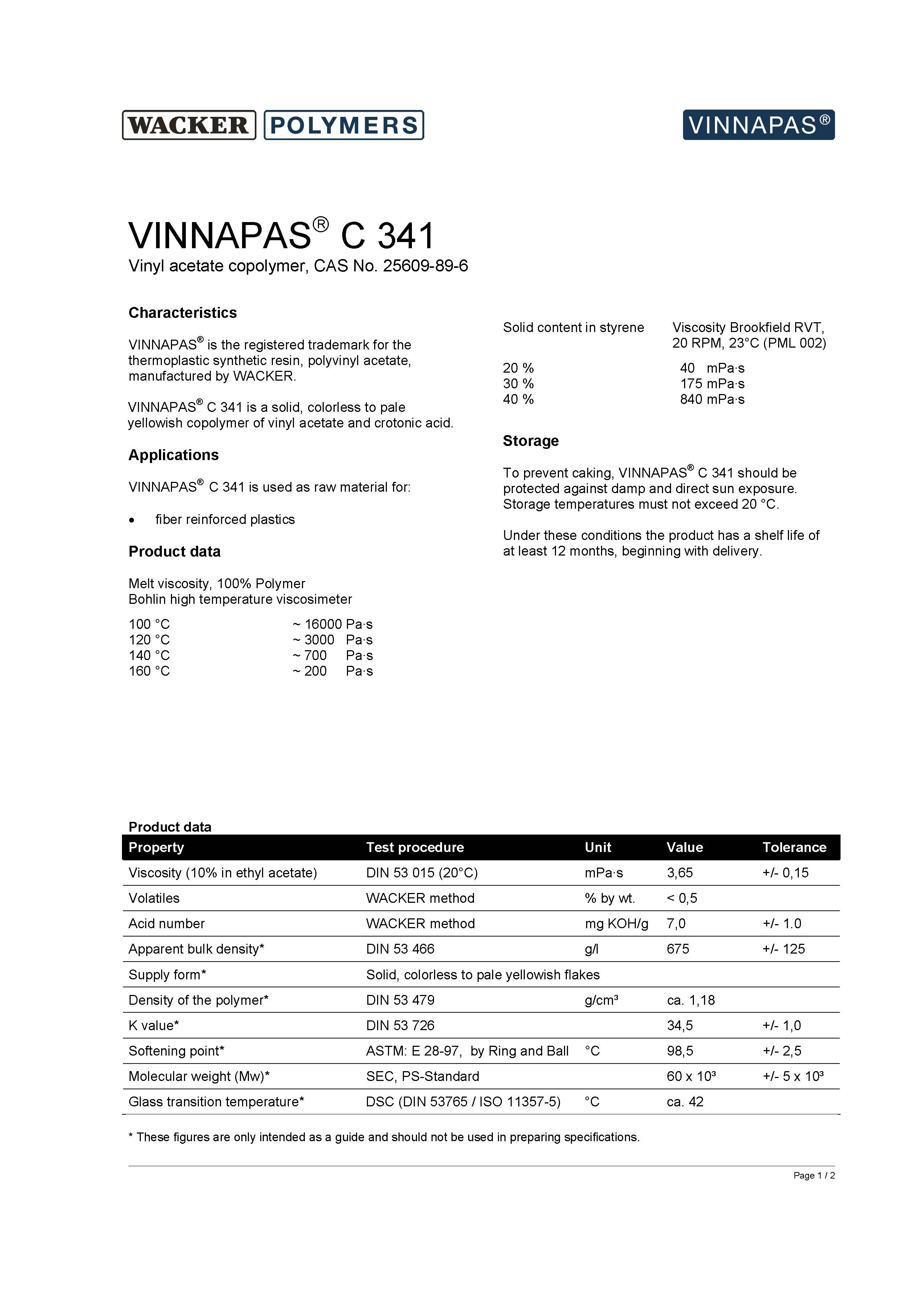 瓦克VINNAPAS聚醋酸乙烯脂低收缩剂C341